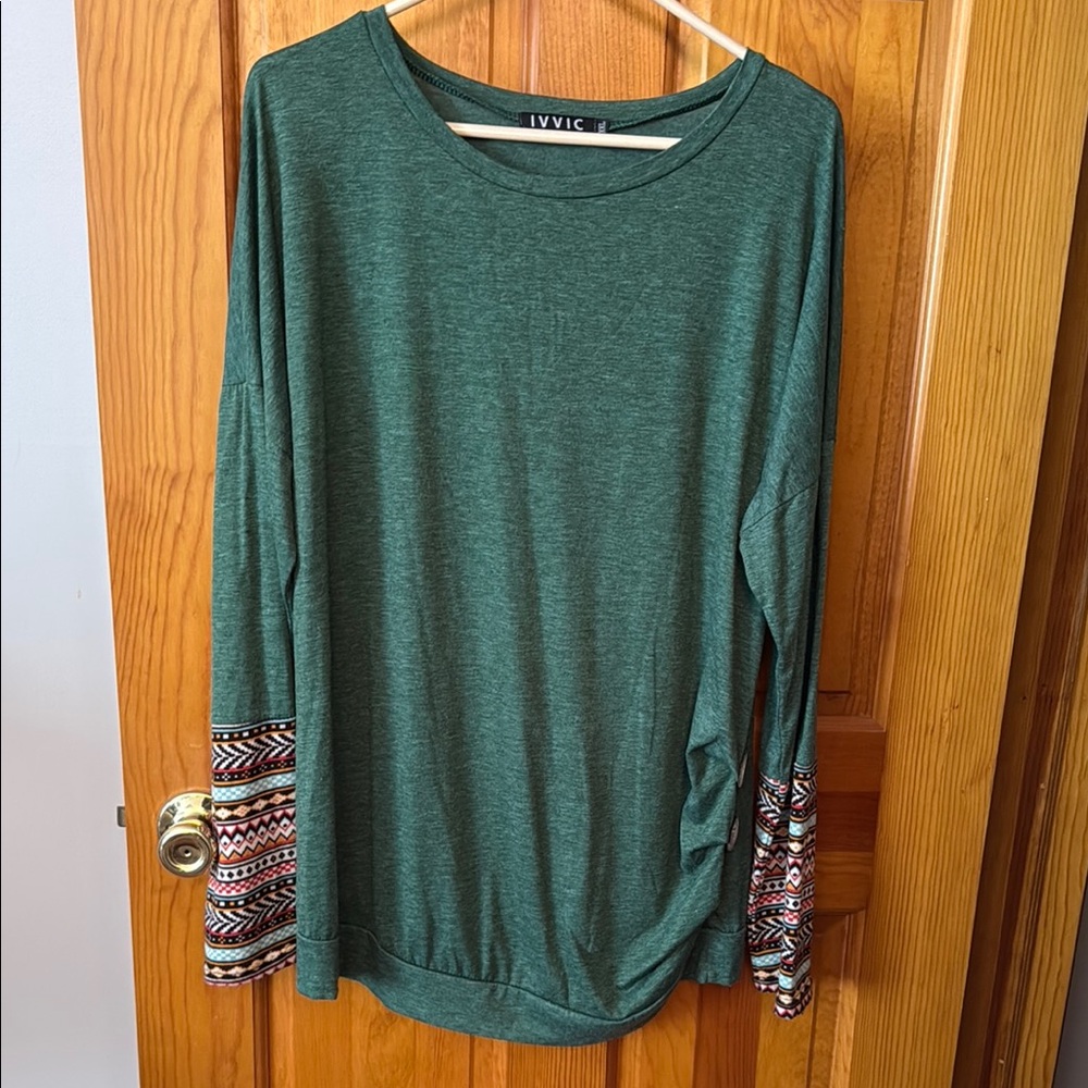 #44 - Green Relaxed Tunic with Patterned Long Sleeves